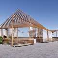 Modern Open Air Café Exterior With Wooden Structure And Green Plants