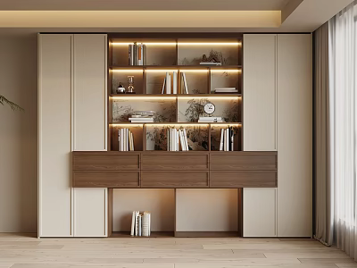 Modern Bookcase Design With Lighting Multi Layer Shelves Books And Decorative Items 3d model