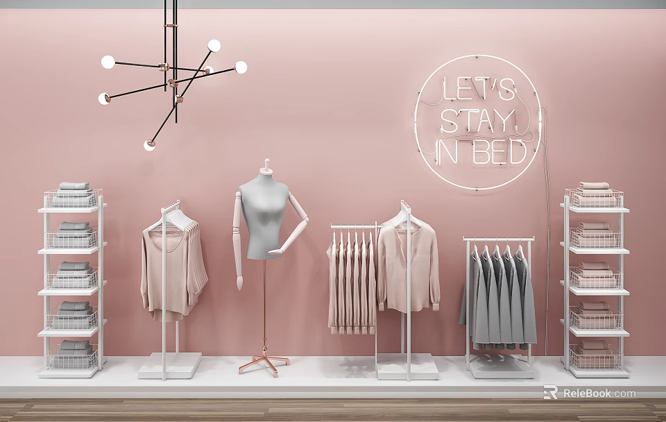 Retail Display Shelves With Mannequin Hanging Clothes Folded Apparel And Neon Sign On Pink Wall 3d model 