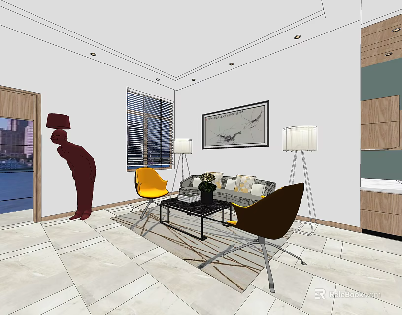 Modern Hotel Lobby Interior With Sofa Chairs Floor Lamps And Decorative Painting 3d model 
