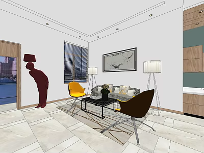 Modern Hotel Lobby Interior With Sofa Chairs Floor Lamps And Decorative Painting 3d model
