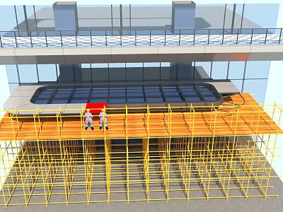 Modern Office Building Under Construction With Yellow Scaffolding And Glass Curtain Wall 3d model
