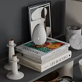 Decorative Ornament Set On Layered Shelves With Stacked Books Golden Bowl White Vases Marble Accents Lamp Picture Frame