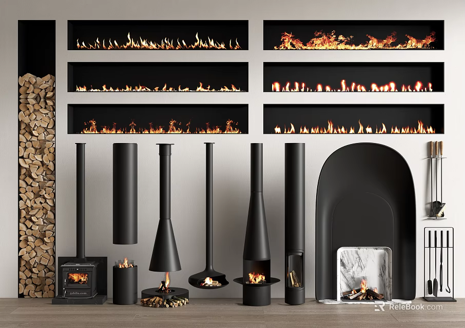 Various Modern Fireplace Designs With Black Cylindrical Arched Styles Wood Logs And Burning Flames 3d model 