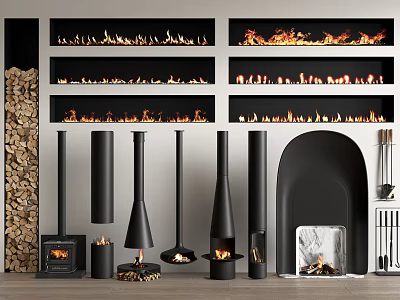 Various Modern Fireplace Designs With Black Cylindrical Arched Styles Wood Logs And Burning Flames 3d model
