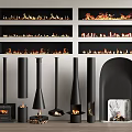 Various Modern Fireplace Designs With Black Cylindrical Arched Styles Wood Logs And Burning Flames