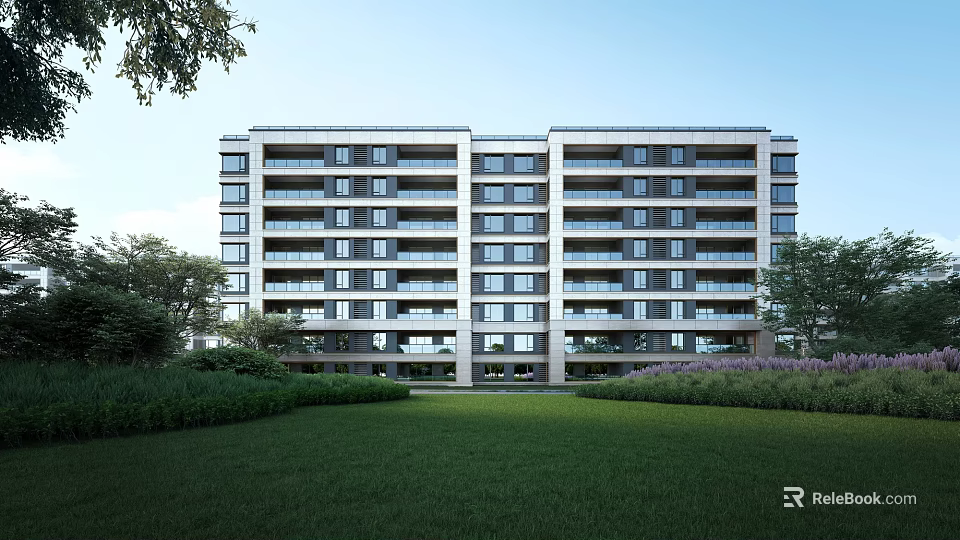 Modern Multi Story Residential Building With Glass Windows Balconies Green Lawn And Trees 3d model 