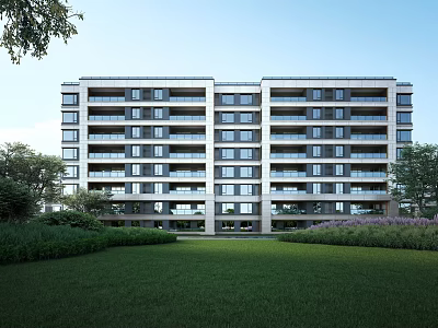 Modern Multi Story Residential Building With Glass Windows Balconies Green Lawn And Trees 3d model
