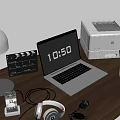 Organized Wooden Desk Setup With Laptop Printer Lamp Clapperboard And Accessories