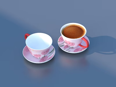 Pink Floral Pattern Coffee Cups With Red Handles And Saucers One Empty One Coffee Filled 3d model