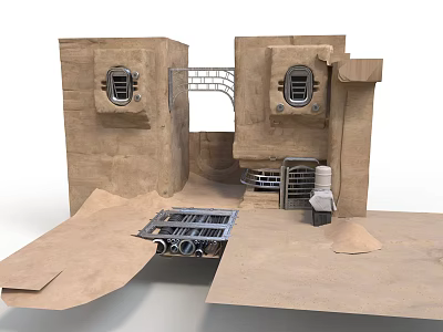 Scenic Construction Featuring Earth Toned Walls Circular Openings Metal Grilles And Pipes 3d model