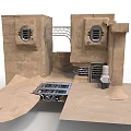 Scenic Construction Featuring Earth Toned Walls Circular Openings Metal Grilles And Pipes