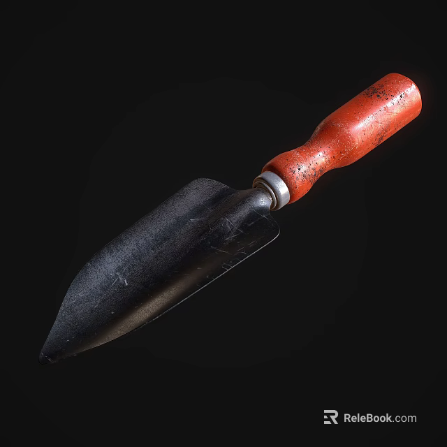 Professional Garden Hand Tool With Red Wooden Handle And Black Metal Blade 3d model 