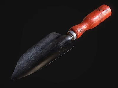 Professional Garden Hand Tool With Red Wooden Handle And Black Metal Blade 3d model