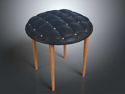 Modern Round Dark Blue Tufted Stool With Wooden Legs And Button Accents 3d model