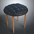 Modern Round Dark Blue Tufted Stool With Wooden Legs And Button Accents