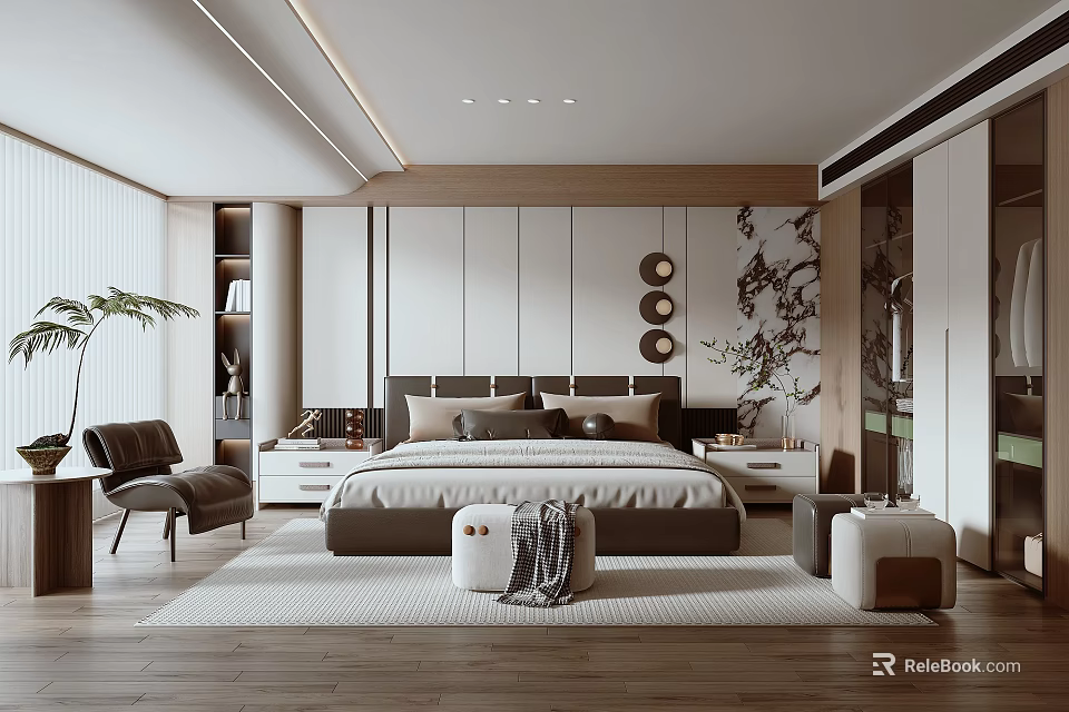 Modern Minimalist Bedroom Interior Design With Bedhead Wall Wooden Flooring And Accent Chair 3d model 