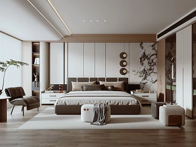 Modern Minimalist Bedroom Interior Design With Bedhead Wall Wooden Flooring And Accent Chair 3d model