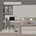 Modern Tatami Bedroom Interior Design With Bed Desk Laptop Green Chair And Bookshelf