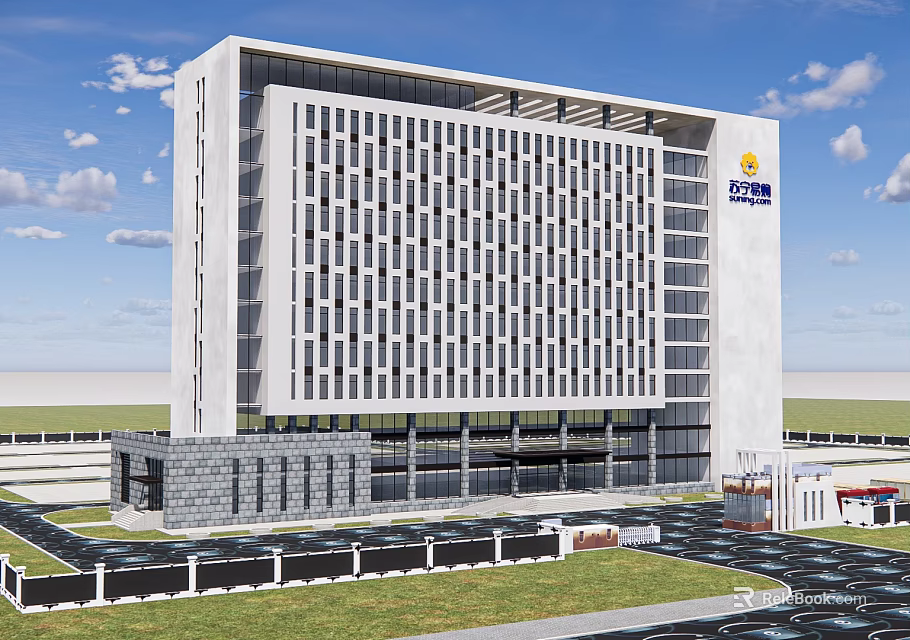 Modern Office Building With Grid Glass Windows Company Logo Parking Area And Green Lawn Exterior 3d model 