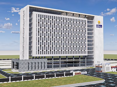 Modern Office Building With Grid Glass Windows Company Logo Parking Area And Green Lawn Exterior 3d model