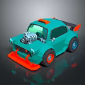 Low Poly Style Teal Car With Orange Accents Large Engine And Rear Spoiler 3d model