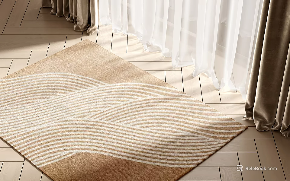 Square Carpet with Beige Brown Wavy Stripes on Wooden Floor with Bright Curtains 3d model 
