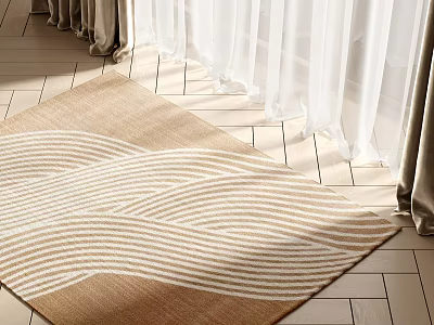 Square Carpet with Beige Brown Wavy Stripes on Wooden Floor with Bright Curtains 3d model