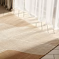 Square Carpet with Beige Brown Wavy Stripes on Wooden Floor with Bright Curtains