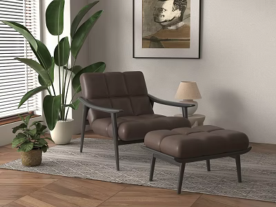 Brown Leather Recliner Chair With Ottoman Green Plant And Window Blinds 3d model
