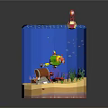Colorful Aquatic Animals Swimming in Blue Wavy Water with Layered Bottom and Red Lighthouse