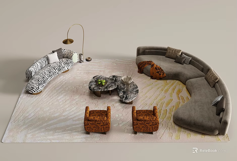 Modern Sofa And Marble Coffee Table Set With Curved Design Accent Chairs And Floor Lamp 3d model 