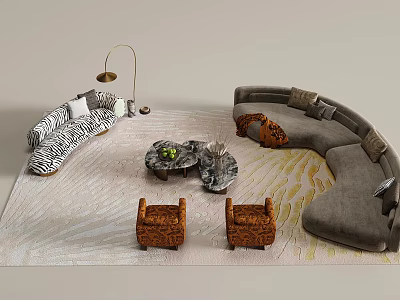 Modern Sofa And Marble Coffee Table Set With Curved Design Accent Chairs And Floor Lamp 3d model