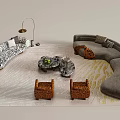 Modern Sofa And Marble Coffee Table Set With Curved Design Accent Chairs And Floor Lamp