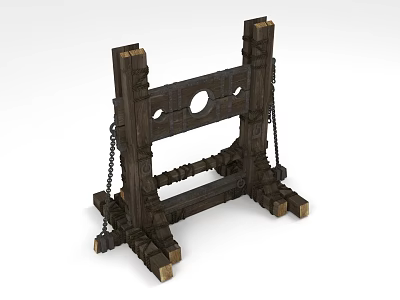 Wooden Architectural Component with Vertical Posts Horizontal Beam Chains and Circular Holes 3d model