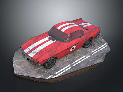 Red Vintage Racing Car With White Stripes And Number 5 On Road Base 3d model