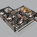 Aerial View of Modern Residential Layout with Bedrooms Living Room Kitchen and Furniture
