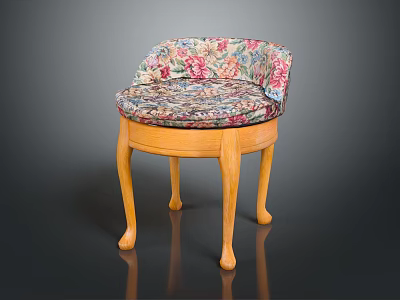 Classic Upholstered Stool Design With Floral Cushion And Curved Wooden Legs 3d model