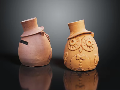 Pair of Ceramic Owl Figurines Wearing Top Hats With Decorative Earthenware Details 3d model