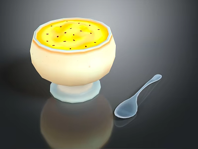 Creamy Yellow Pudding Dessert Topped with Black Seeds in White Bowl and Spoon 3d model