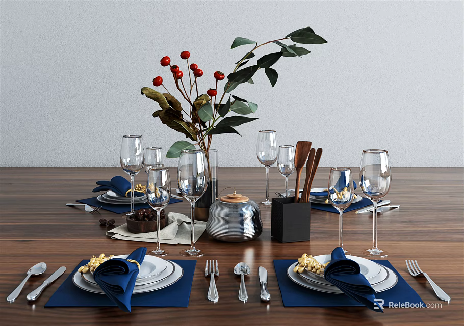 Elegant Tableware Set On Wooden Dining Table With Blue Napkins Wine Glasses And Decorative Flowers 3d model 