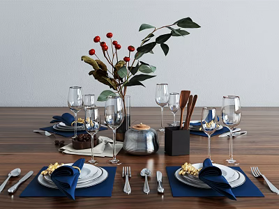 Elegant Tableware Set On Wooden Dining Table With Blue Napkins Wine Glasses And Decorative Flowers 3d model