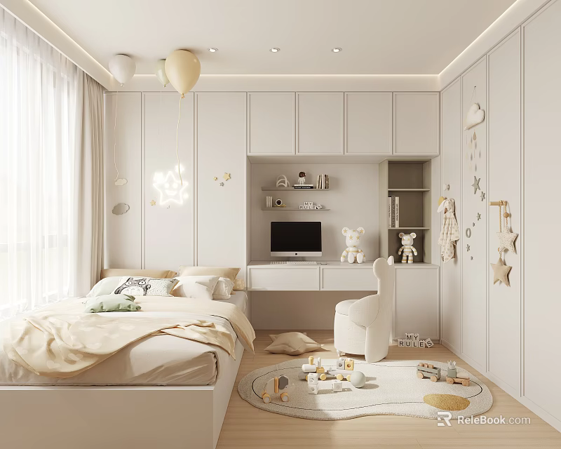 Modern Bedroom Interior With Cozy Bed White Desk Star Decorations Toy Carpet And Pendant Light 3d model 