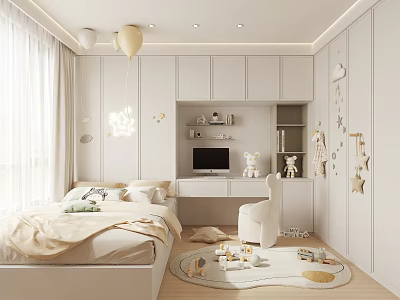 Modern Bedroom Interior With Cozy Bed White Desk Star Decorations Toy Carpet And Pendant Light 3d model