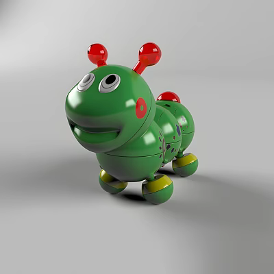 Cute Green Caterpillar Toy With Red Antenna Yellow Wheels For Kids 3d model