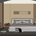 Modern Minimalist Bedroom Interior With Wooden Cabinets Bed Pillows Table Lamp And Accent Chair