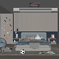Modern Kids Room Interior With Bed Stuffed Toys Soccer Ball And Decorative Wall Stickers