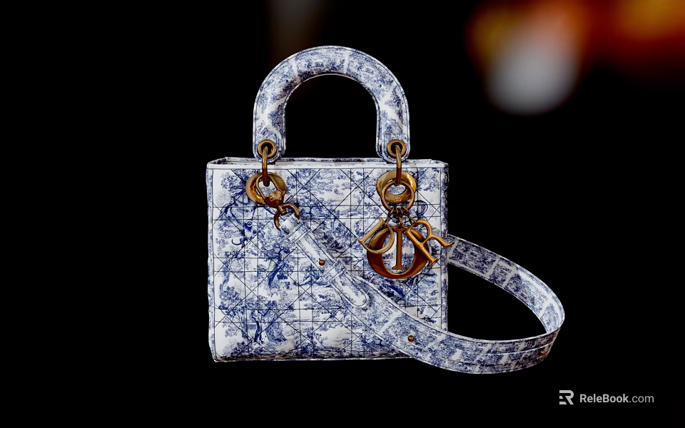 Elegant Blue And White Pattern Handbag With Top Handle Metal Lock And Shoulder Strap 3d model 
