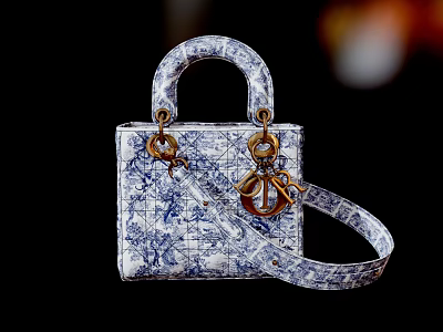 Elegant Blue And White Pattern Handbag With Top Handle Metal Lock And Shoulder Strap 3d model