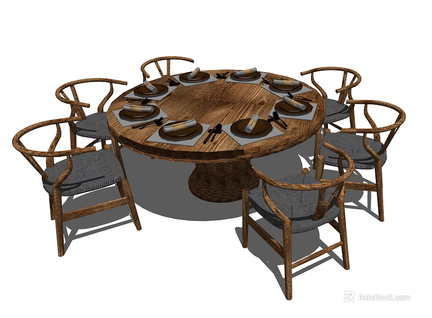 Rustic Wooden Round Dining Table Set With Six Gray Cushioned Chairs 3d model